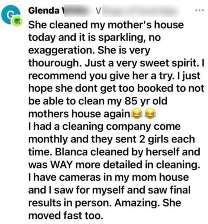 Customer review for Bianca's Cleaning Services describing detailed cleaning results
