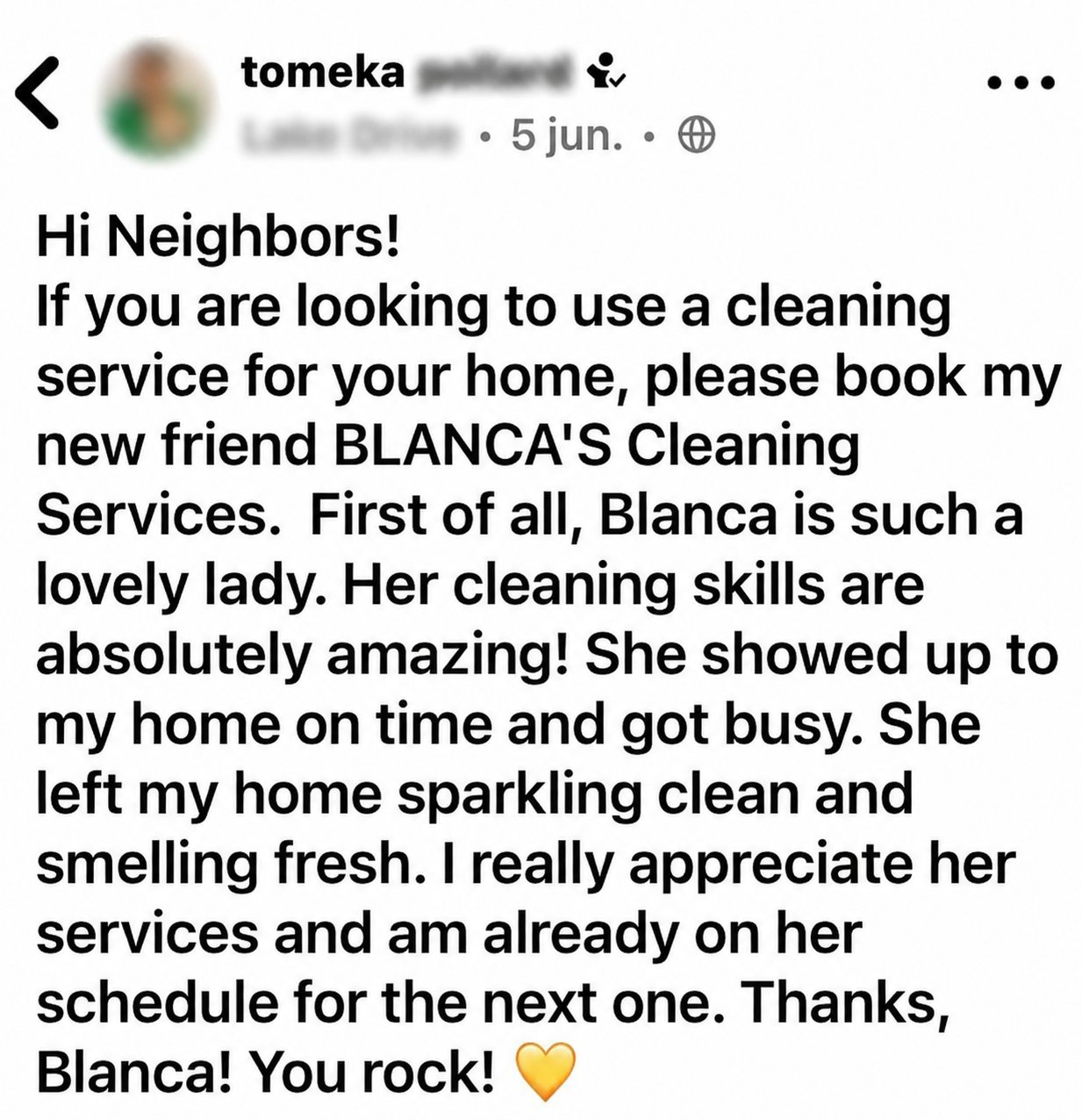 Customer review for Bianca's Cleaning Services mentioning punctual service and a fresh clean home