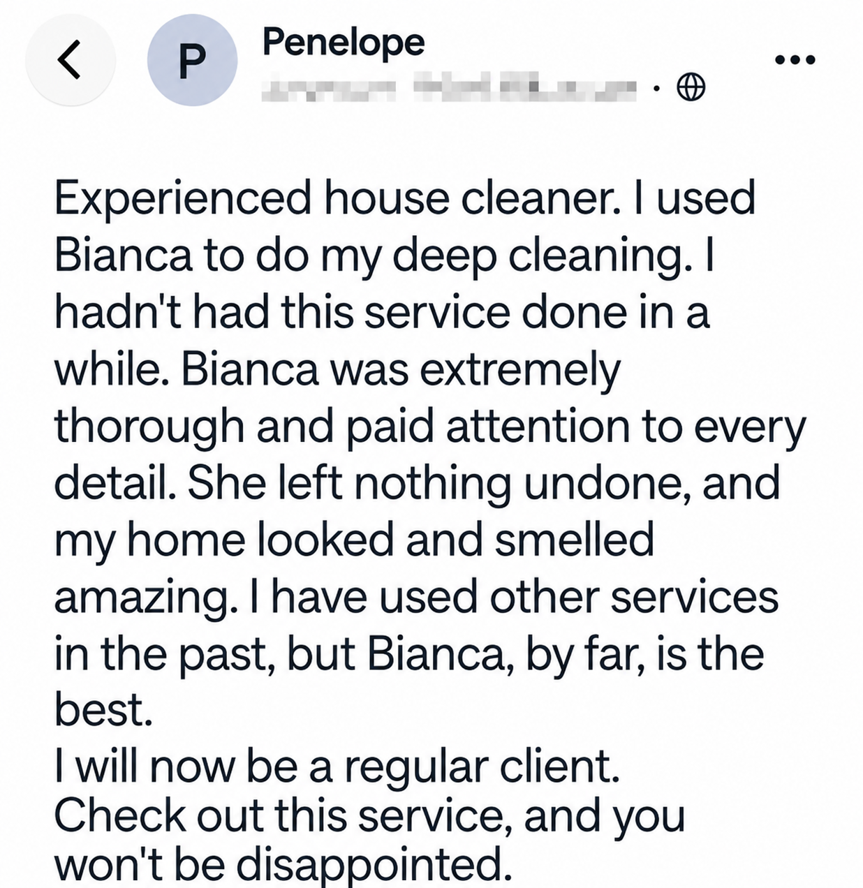 Customer review from Penelope for Bianca's Cleaning Services